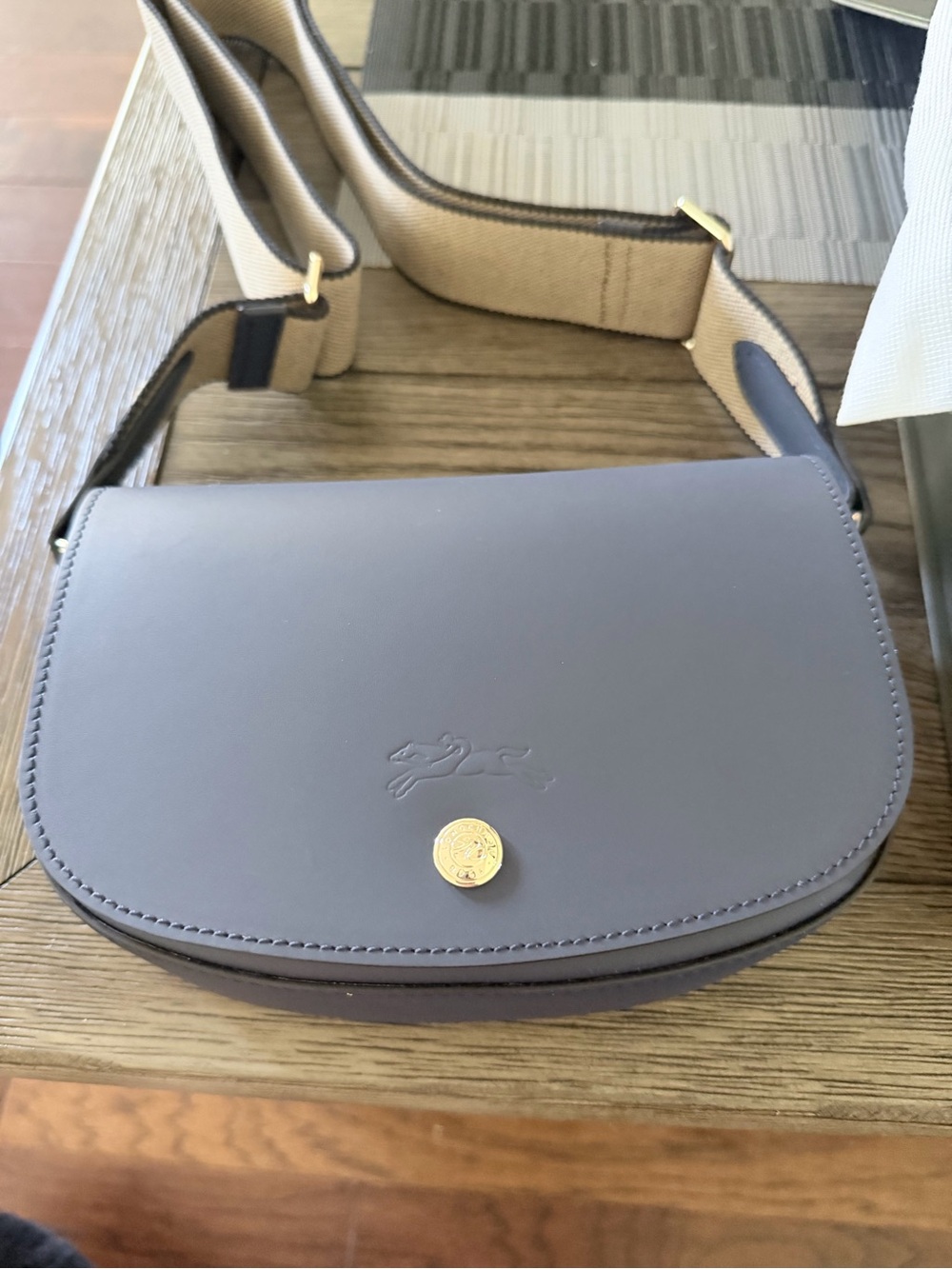Longchamp Leather Crossbody in Navy Blue with Gold Hardware